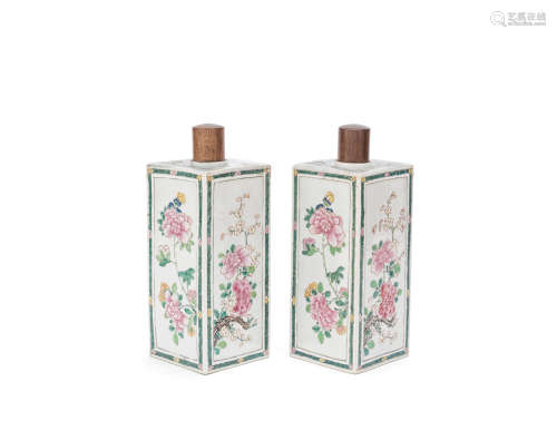 A pair of famille rose square section tea caddies  18th century