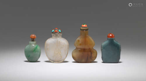 A group of four variously jadeite and hardstone snuff bottles  19th century