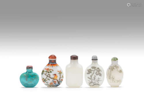 A group of five glass snuff bottles  20th century
