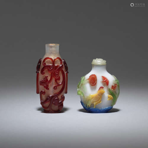 A red overlay 'dragon' snuff bottle and a three-colour overlay 'cockerel' bottle  18th/19th century