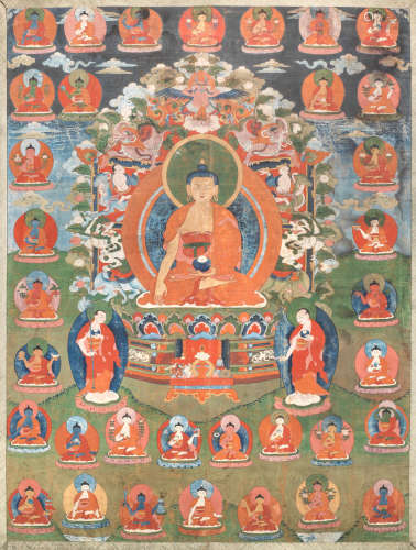 A thangka of Shakyamuni and the thirty-five confession Buddhas  Tibet, 19th century