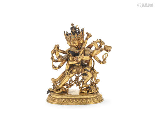 A gilt copper alloy figure of Vajradhara and consort  Late 19th/early 20th Century