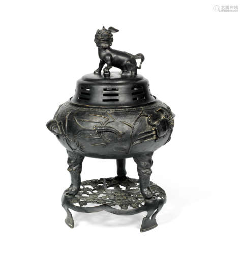 A large bronze incense burner, cover and stand  Dated by inscription 12th year of Guangxu (1887)
