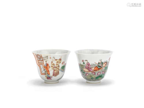 A pair of famille rose 'lotus pond' cups   Chenghua four-character marks, probably Daoguang