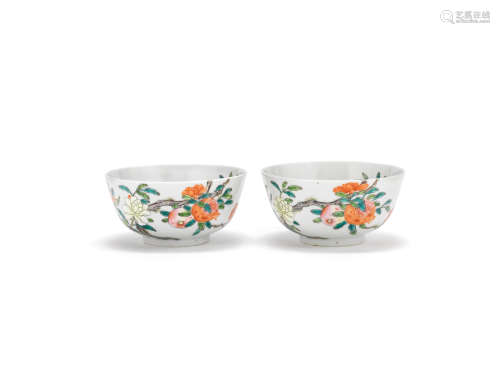 A pair of famille rose 'peony, magnolia and pomegranate' bowls  Juren Tang seal marks
