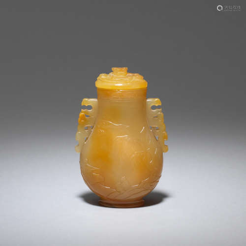 A yellow agate archaistic 'Scholars' vase and cover  18th/19th century