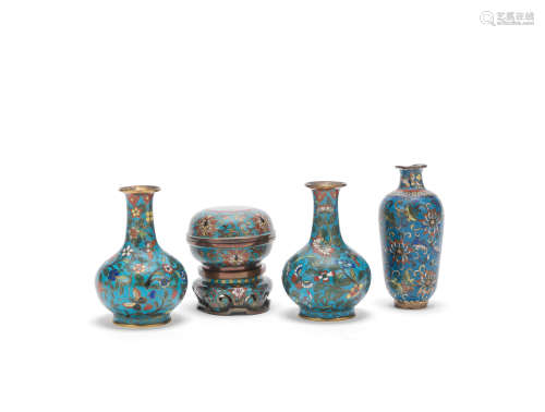 A collection of four small turquoise-ground cloisonné-enamel vessels  18th and 19th century