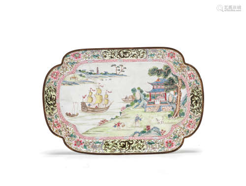 A painted enamel 'European ship' quatrefoil tray  Qianlong