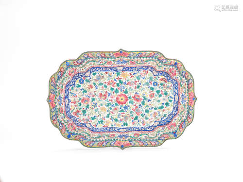 A large painted enamel shaped tray  18th century
