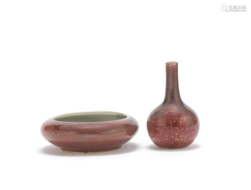 Two small peach bloom-glazed vessels  Kangxi six-character marks, Late Qing Dynasty