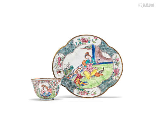 A painted enamel 'European subject' cup and saucer  Yongzheng