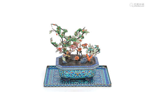 A hardstone and coral tree within a champlevé-enamel jardiniere and stand  18th/19th century