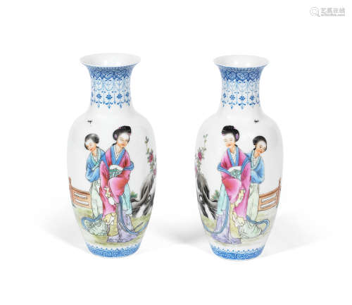 A small pair of famille rose eggshell porcelain baluster vases  Qianlong four-character mark, Republic Period