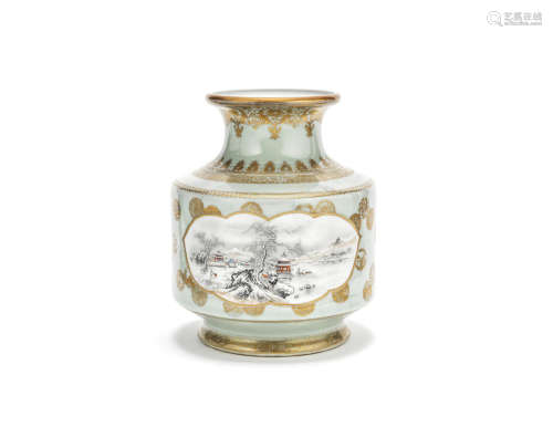 A celadon-glazed polychrome-enamelled and gilt cylindrical baluster vase  Jingdezhen 'D' seven-character mark, mid-20th century