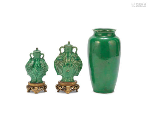 A group of three apple green glazed vessels  18th century