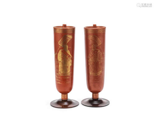 A pair of coral-ground gilt-decorated joss stick holders  Late Qing Dynasty