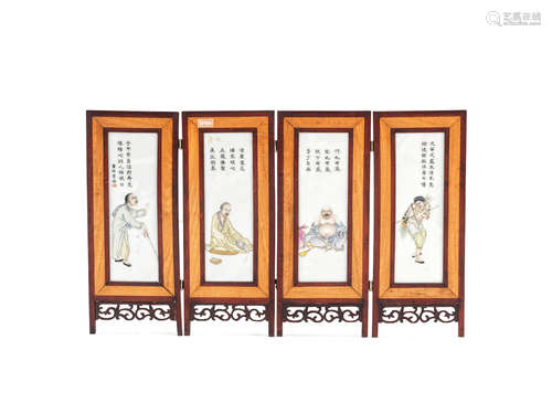 A set of four famille rose wood-mounted plaques  Signed and sealed Dong Shi Ceng, Republic Period