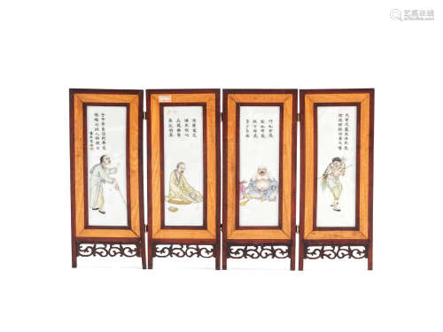 A set of four famille rose wood-mounted plaques  Signed and sealed Dong Shi Ceng, Republic Period