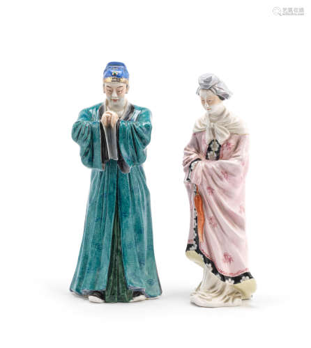A pair of famille rose standing figures  'Guangzhou renmin meishushe' and 'Chaocichang jiagong' impressed marks, mid-20th century