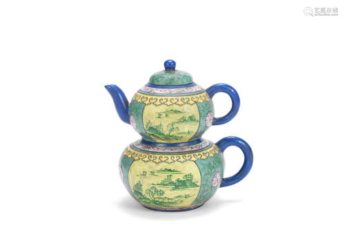 An enamelled double-gourd form Yixing teapot and cover  Late Qing Dynasty