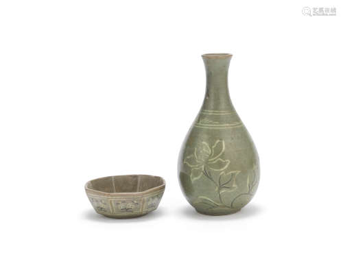 A Korean inlaid celadon bowl and an inlaid celadon vase  Goryeo Dynasty and later