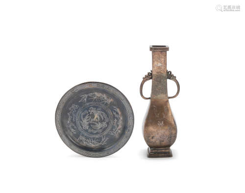 A silver inlaid bronze dish and a silver inlaid copper alloy square pear-shaped vase  Qing Dynasty