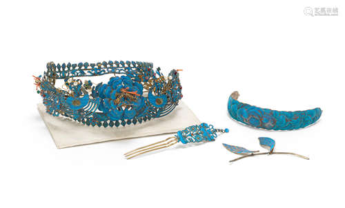 A group of kingfisher feather-embellished hair ornaments  19th century