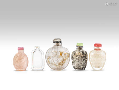 Five rock crystal and a rose-quartz snuff bottle  Late Qing Dynasty