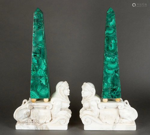 Pair of malachite obeliscs