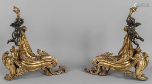 Coppia di alari in stile Luigi XIV in bronzo