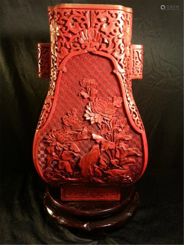 Very Large Old Chinese carved cinnabar …