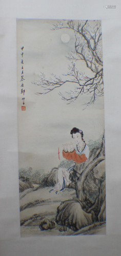 A Chinese Painting Scroll of A Lady Flute