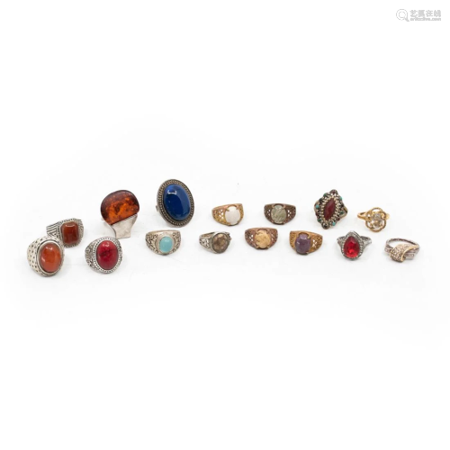 Collection of 15 Assorted Colored Stone Ri…
