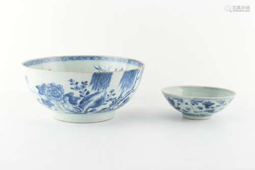 Property of a lady - an 18th century Chinese blue & white bowl, painted with flowers & shrubs