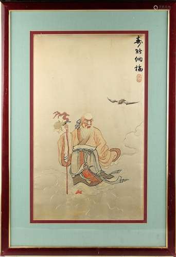 A Chinese embroidered silk panel depicting Shoulao with bat among clouds, Republic period, with