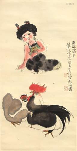 A Chinese scroll painting on paper depicting a seated girl & chicken or cockerel, mid / late 20th