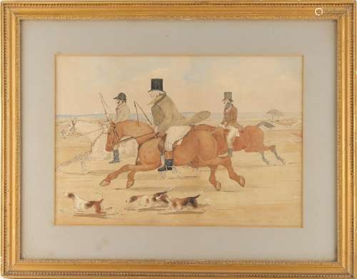 Property of a gentleman - English school, 19th century - HUNTING SCENE WITH THREE HUNTSMEN AND