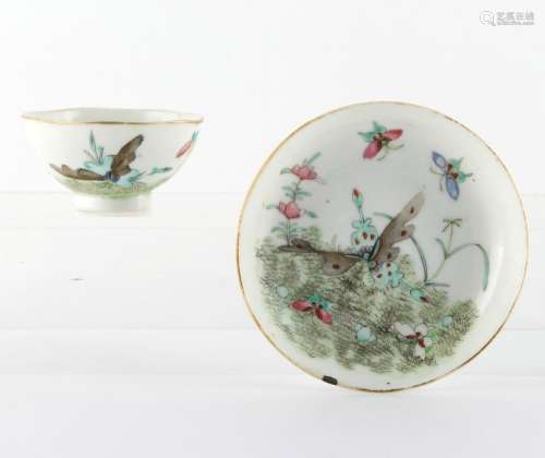 Property of a gentleman - a Chinese famille rose tea bowl and saucer painted with butterflies