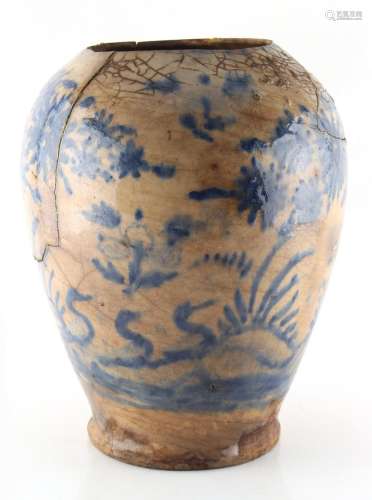 Property of a gentleman - a blue & white vase, possibly Korean, naively painted with ducks in a