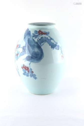 Property of a gentleman - a Korean or Japanese porcelain ovoid vase, painted in grey/blue & iron red