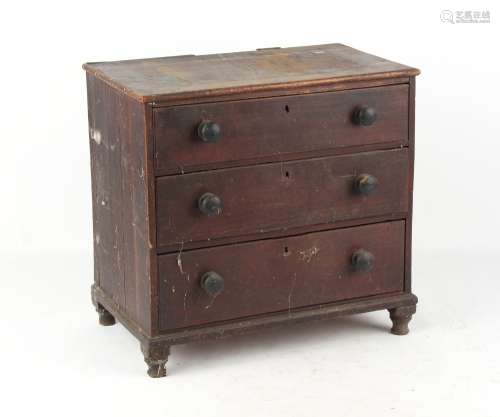 Property of a deceased estate - a very small George III oak chest of three long graduated drawers,
