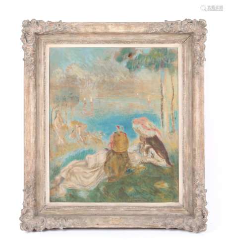 Property of a gentleman - after Renoir - FIGURES by a LAKESIDE - oil on board, 21.9 by 18.4ins. (