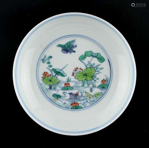 A Chinese doucai saucer dish painted with a pond scene, underglaze blue Kangxi 6-character mark, 4.