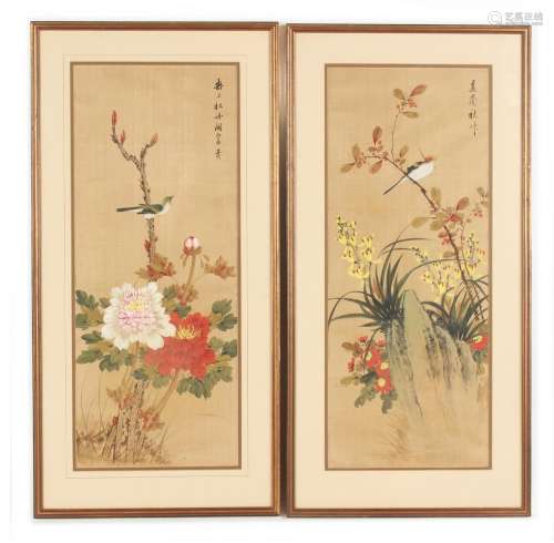 Property of a gentleman - a pair of Oriental paintings on silk depicting birds & flowers, with
