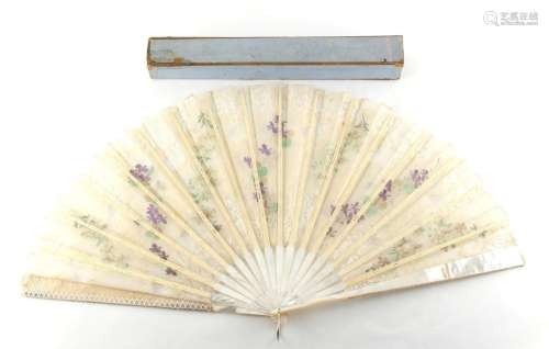 Property of a lady - a late 19th century painted silk & lace fan, with mother-of-pearl & ivory