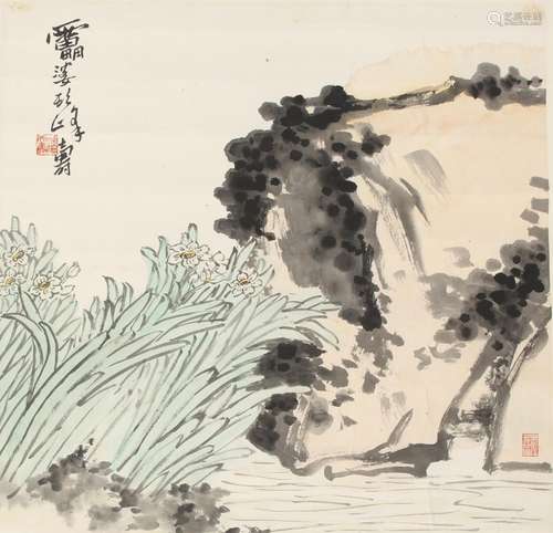 A Chinese scroll painting on paper depicting flowers by a pond, mid / late 20th century, with