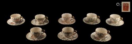 A set of eight Japanese Satsuma cups & saucers by Kinkozan, late Meiji period (1868-1912), gilt 3-