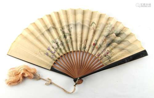 Property of a lady - a late 19th / early 20th century Japanese painted silk fan, painted to one side
