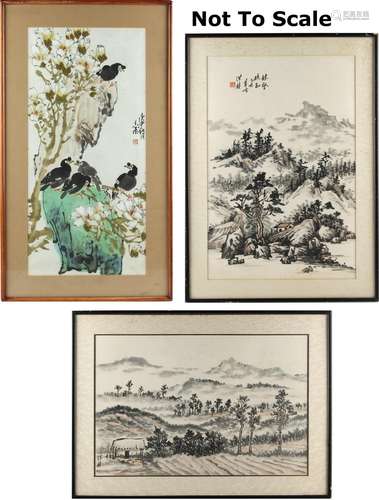 A Chinese painting on paper depicting five birds in flowering shrub with rockwork, with