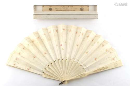 Property of a lady - a late 19th century painted vellum fan, with pierced bone guards & sticks,